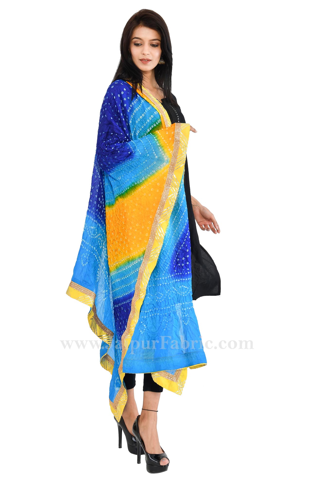 Magji Border Multi color Art silk Jaipuri Rajasthani Bandhni Bandhej Multi-Colored Heavy Dupatta Chunni