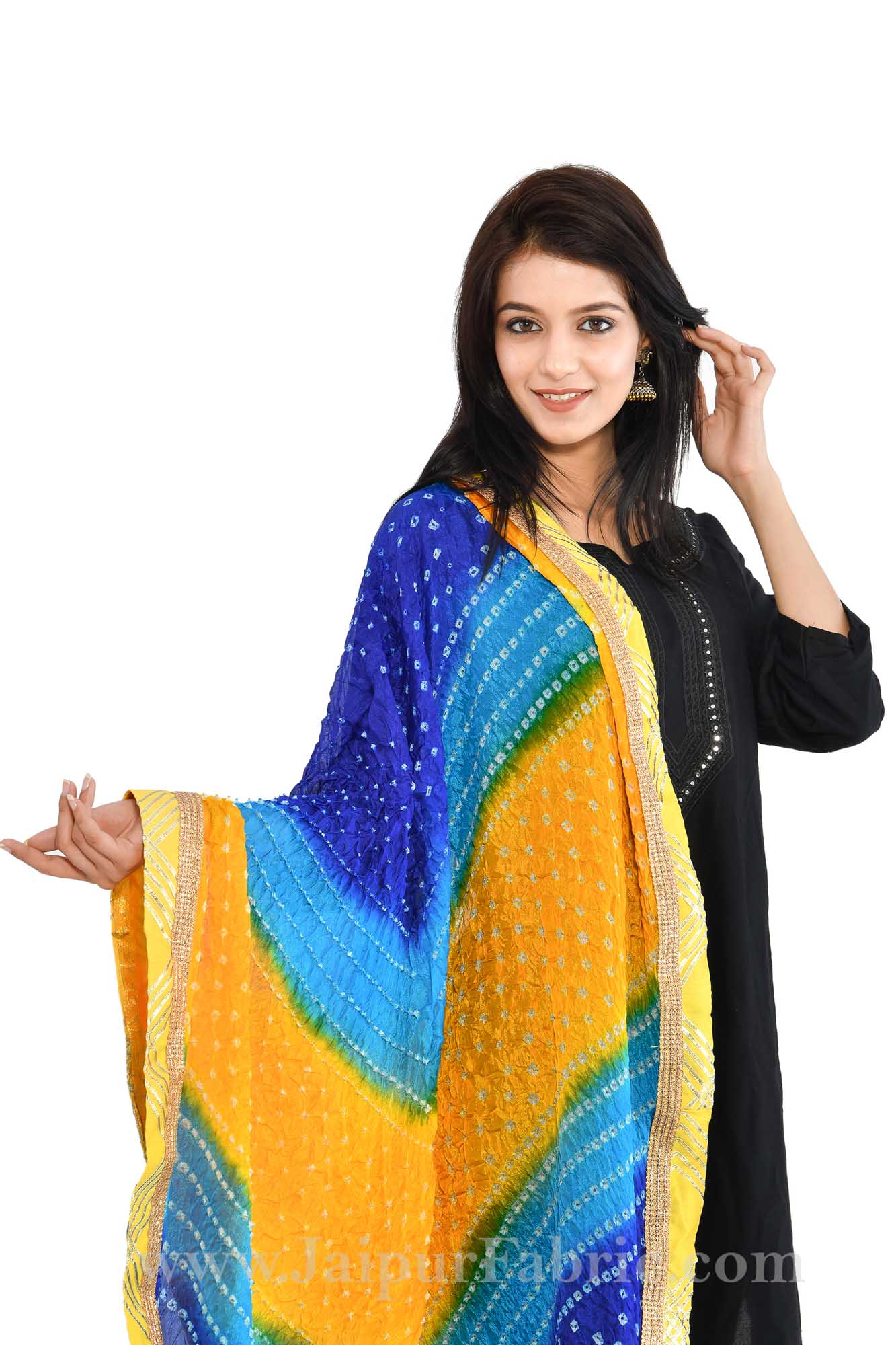 Magji Border Multi color Art silk Jaipuri Rajasthani Bandhni Bandhej Multi-Colored Heavy Dupatta Chunni