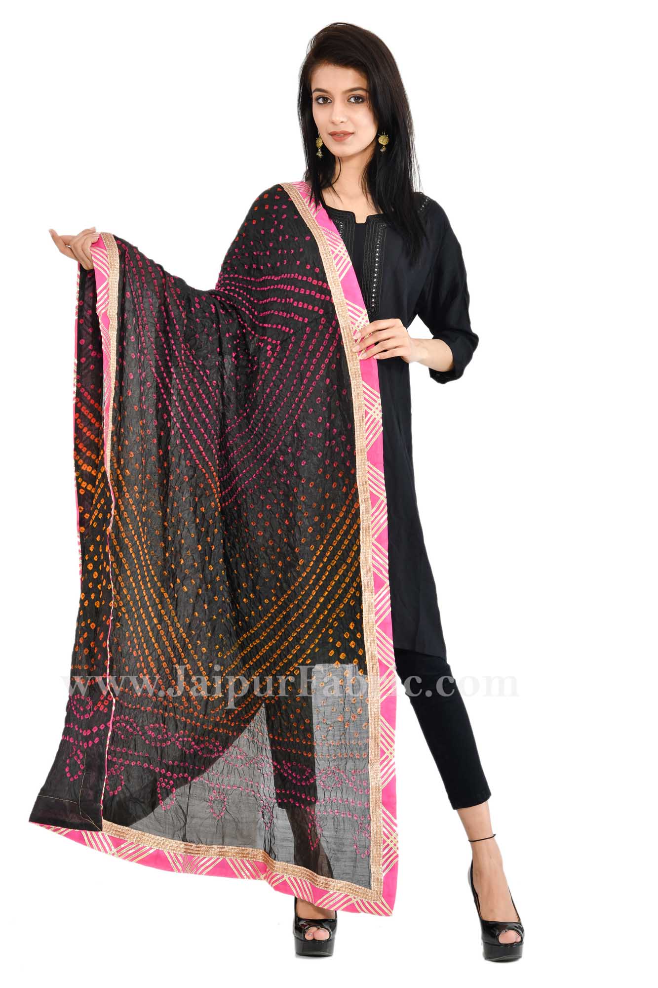 Magji Border Black Multi Art silk Jaipuri Rajasthani Bandhni Bandhej Multi-Colored Heavy Dupatta Chunni