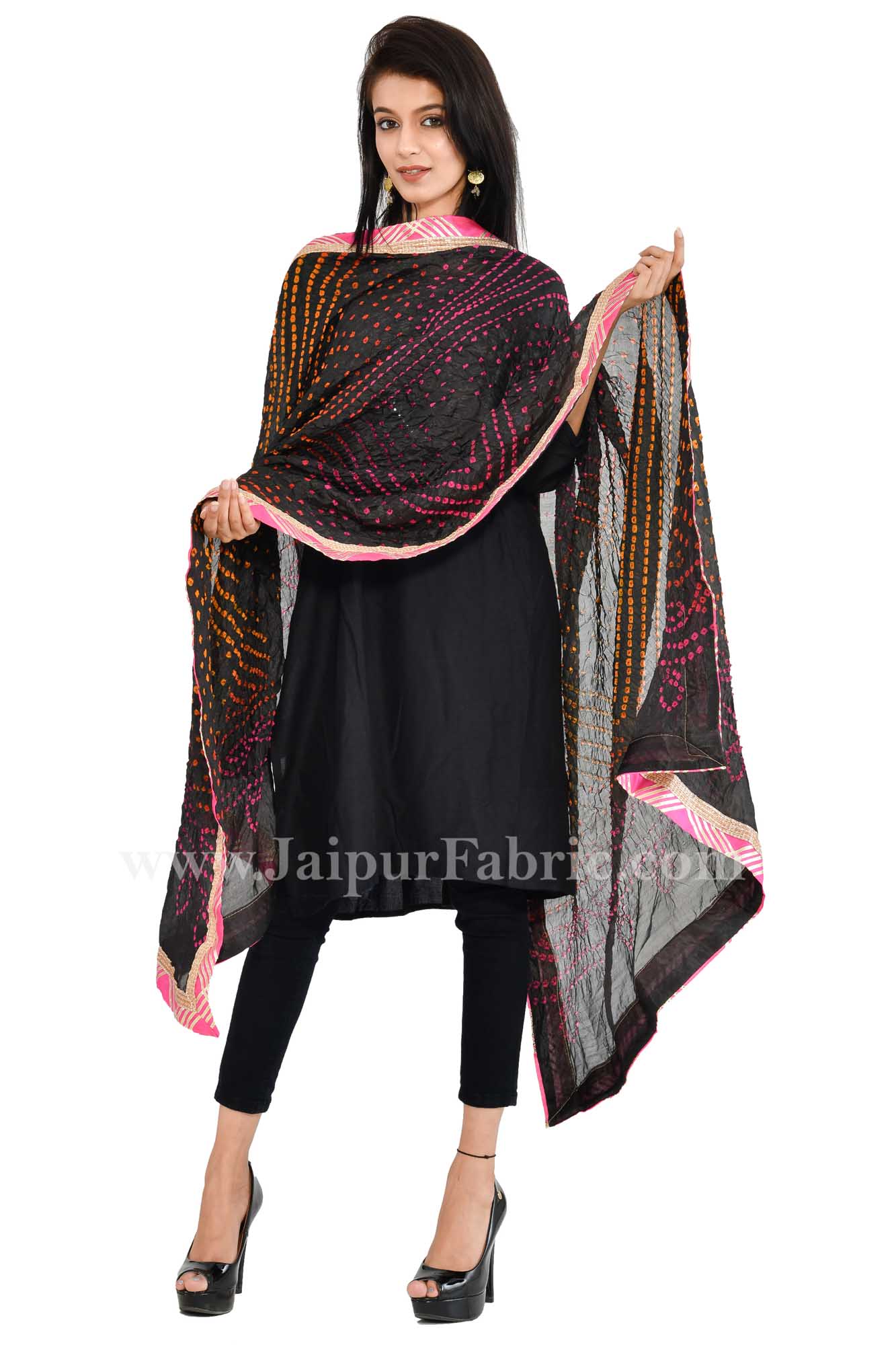 Magji Border Black Multi Art silk Jaipuri Rajasthani Bandhni Bandhej Multi-Colored Heavy Dupatta Chunni