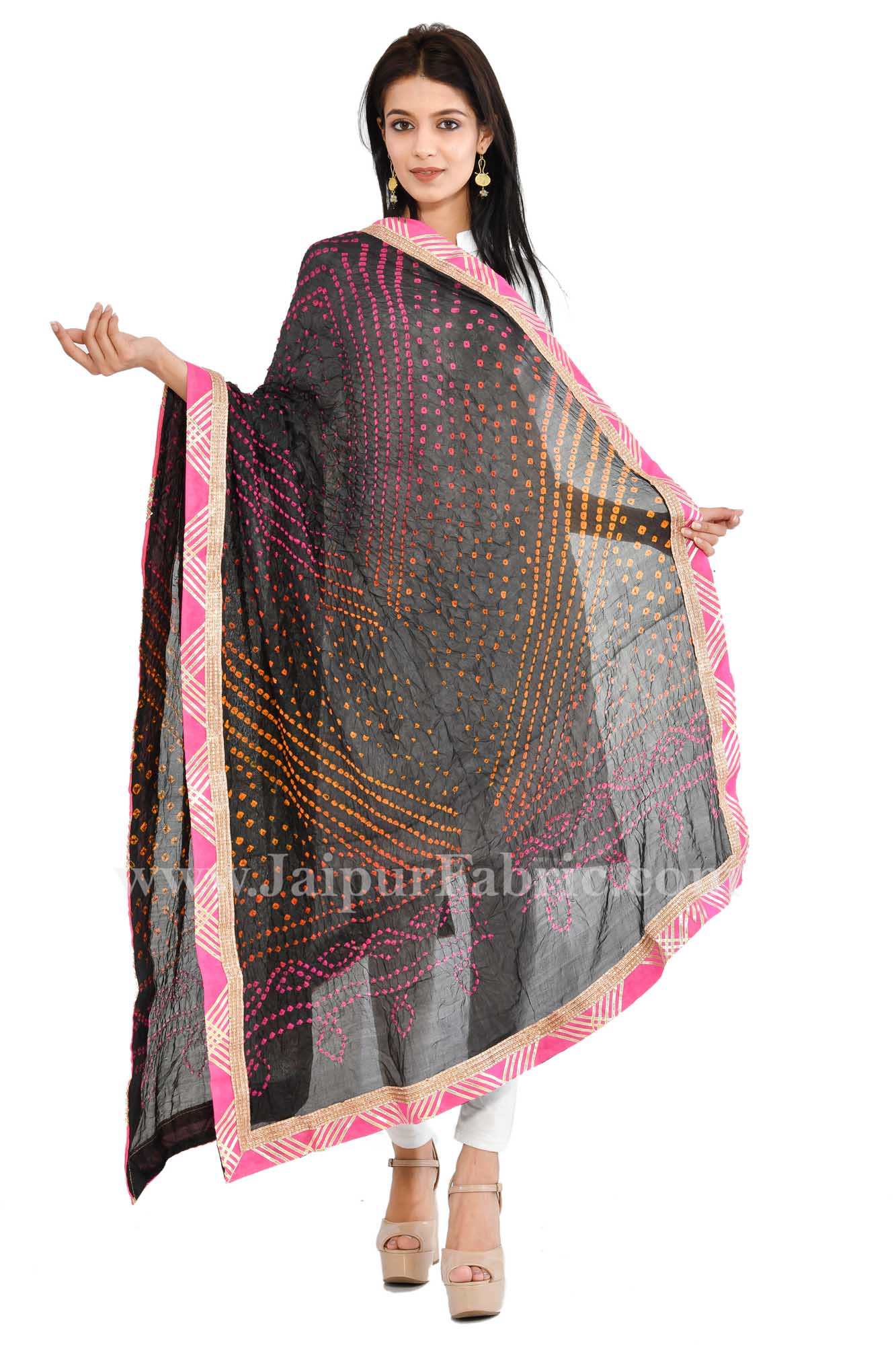 Magji Border Black Multi Art silk Jaipuri Rajasthani Bandhni Bandhej Multi-Colored Heavy Dupatta Chunni