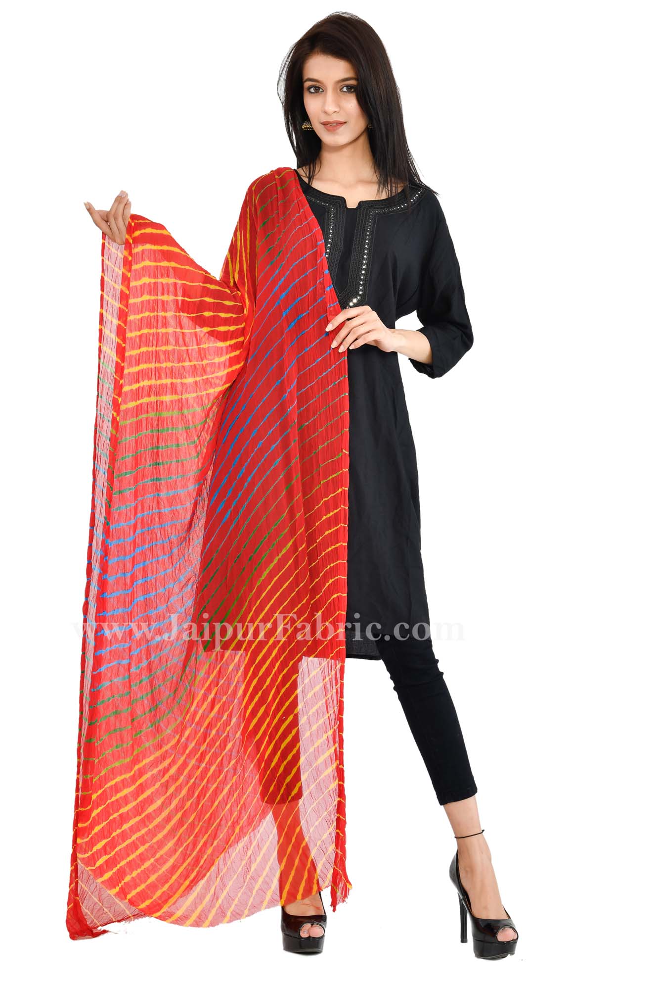 Magji Border Orange Jaipuri Rajasthani Bandhni Bandhej Art silk Multi-Colored Heavy Dupatta Chunni