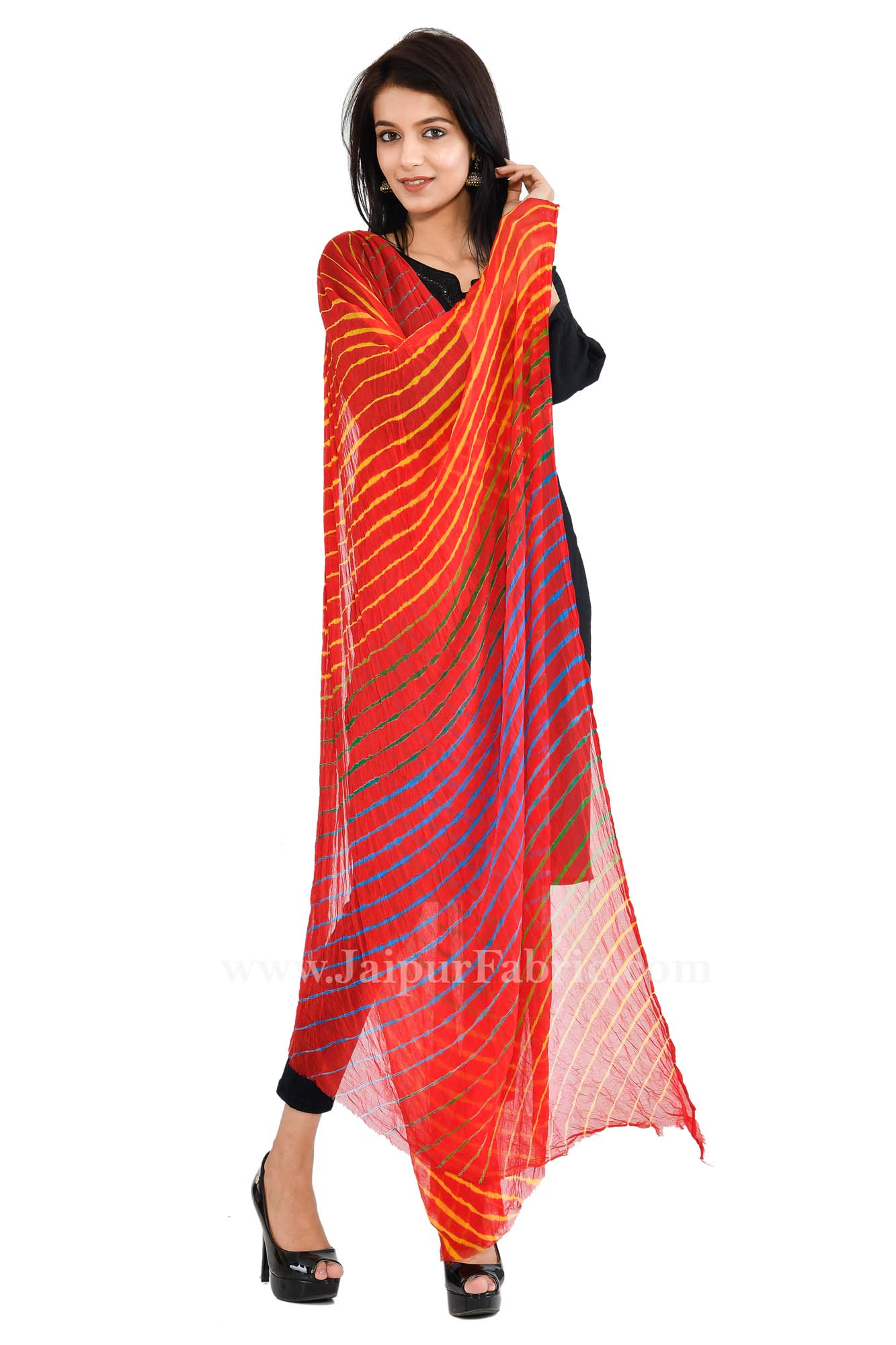 Magji Border Orange Jaipuri Rajasthani Bandhni Bandhej Art silk Multi-Colored Heavy Dupatta Chunni