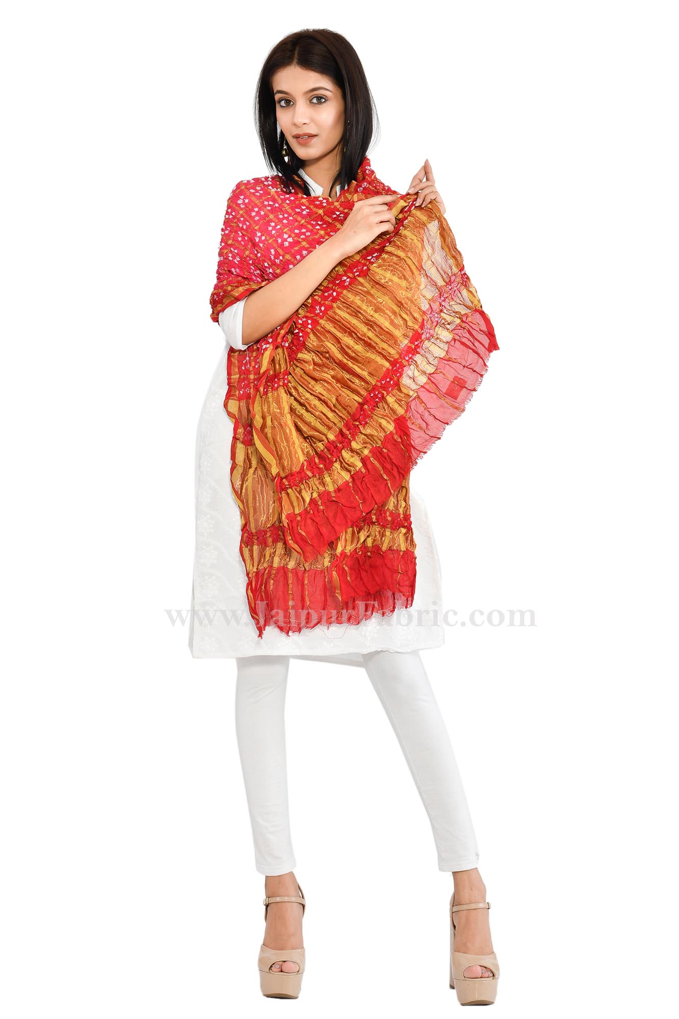 Gharchola Art Silk Red Jaipuri Rajasthani Bandhni Bandhej Multi-Colored Heavy Dupatta Chunni