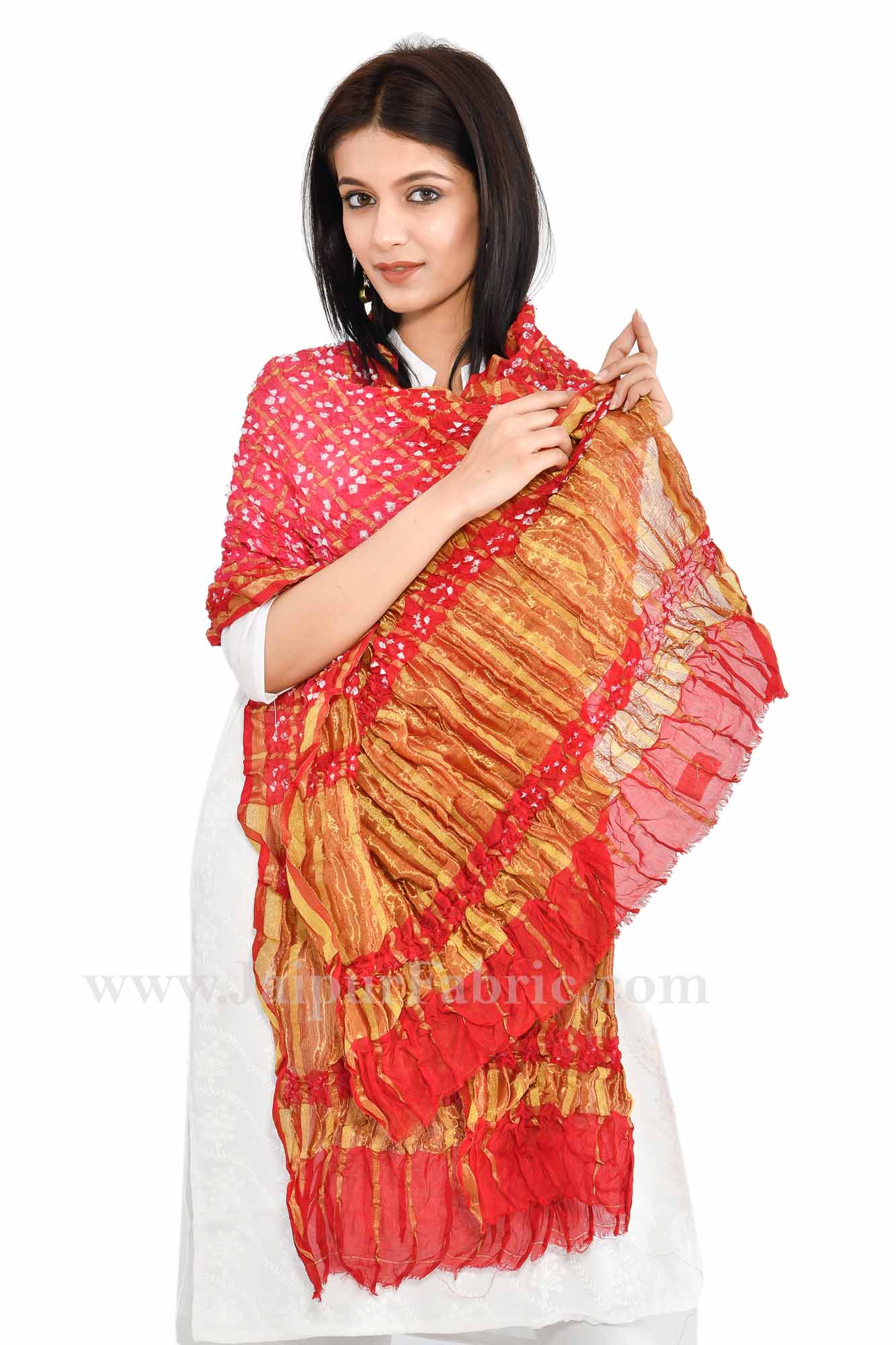 Gharchola Art Silk Red Jaipuri Rajasthani Bandhni Bandhej Multi-Colored Heavy Dupatta Chunni