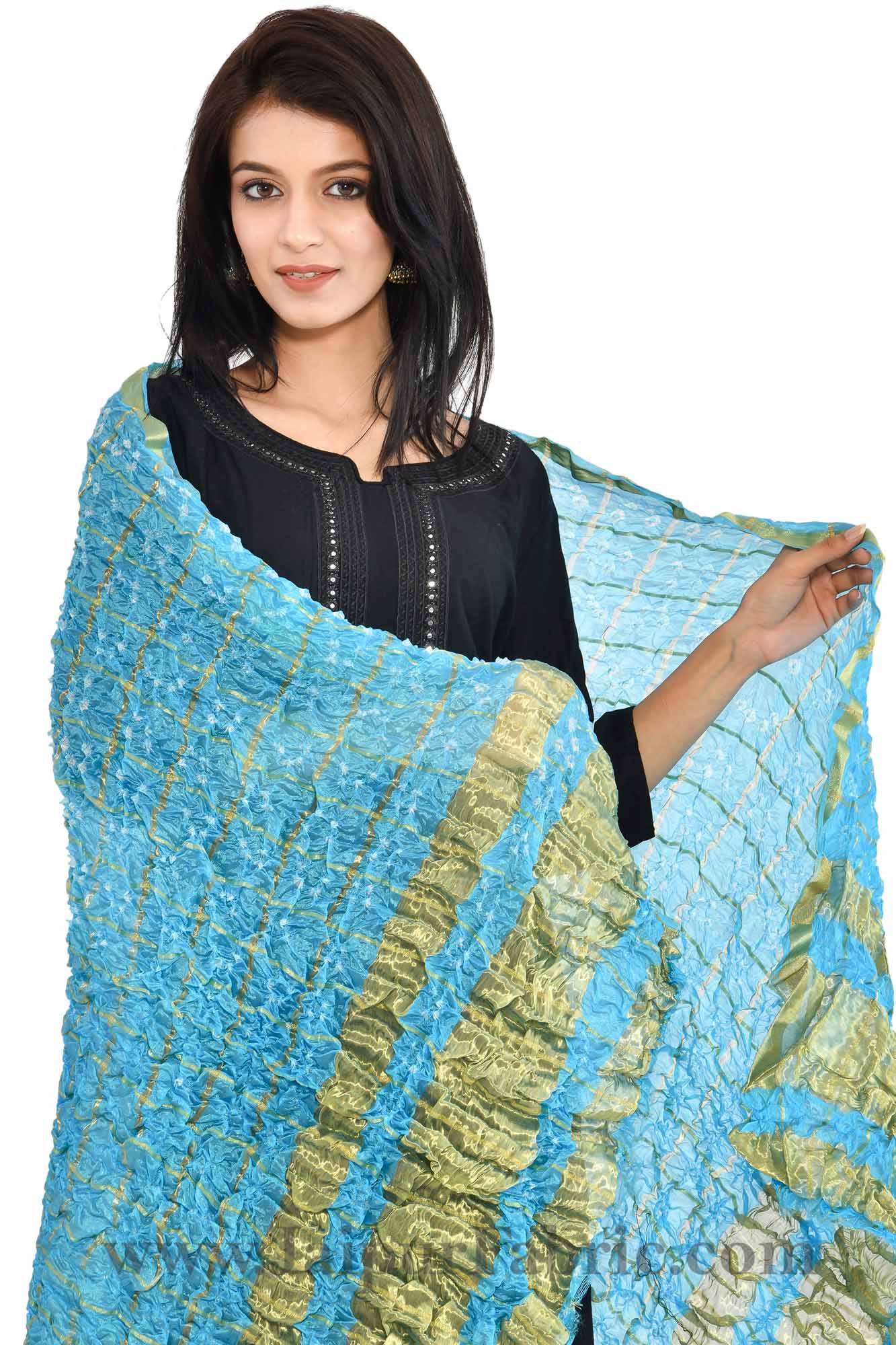 Gharchola Art Silk Blue Jaipuri Rajasthani Bandhni Bandhej Multi-Colored Heavy Dupatta Chunni