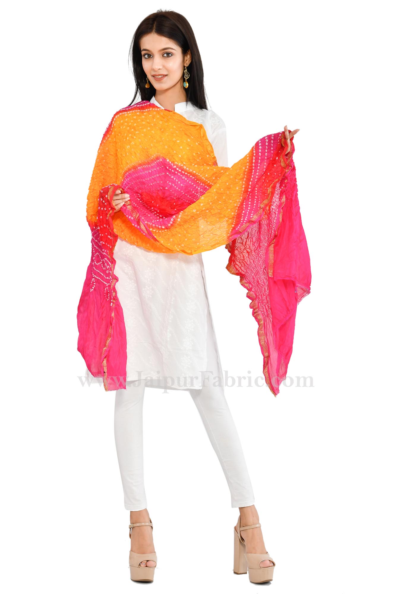 Fancy Lehariya Pink & yellow eavy Dupatta Chunni  Jaipuri Rajasthani Bandhni Bandhej Multi-Colored