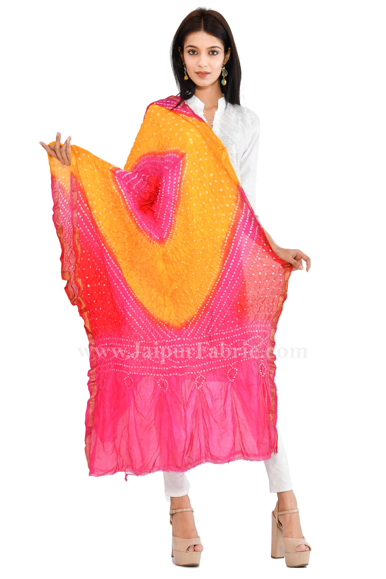 Fancy Lehariya Pink & yellow eavy Dupatta Chunni  Jaipuri Rajasthani Bandhni Bandhej Multi-Colored