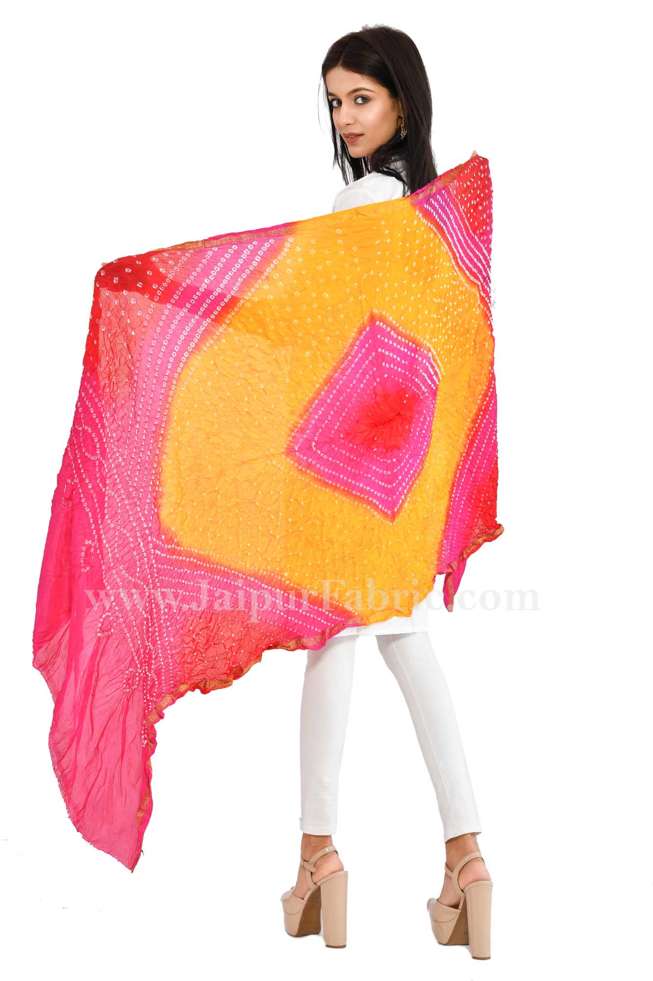 Fancy Lehariya Pink & yellow eavy Dupatta Chunni  Jaipuri Rajasthani Bandhni Bandhej Multi-Colored