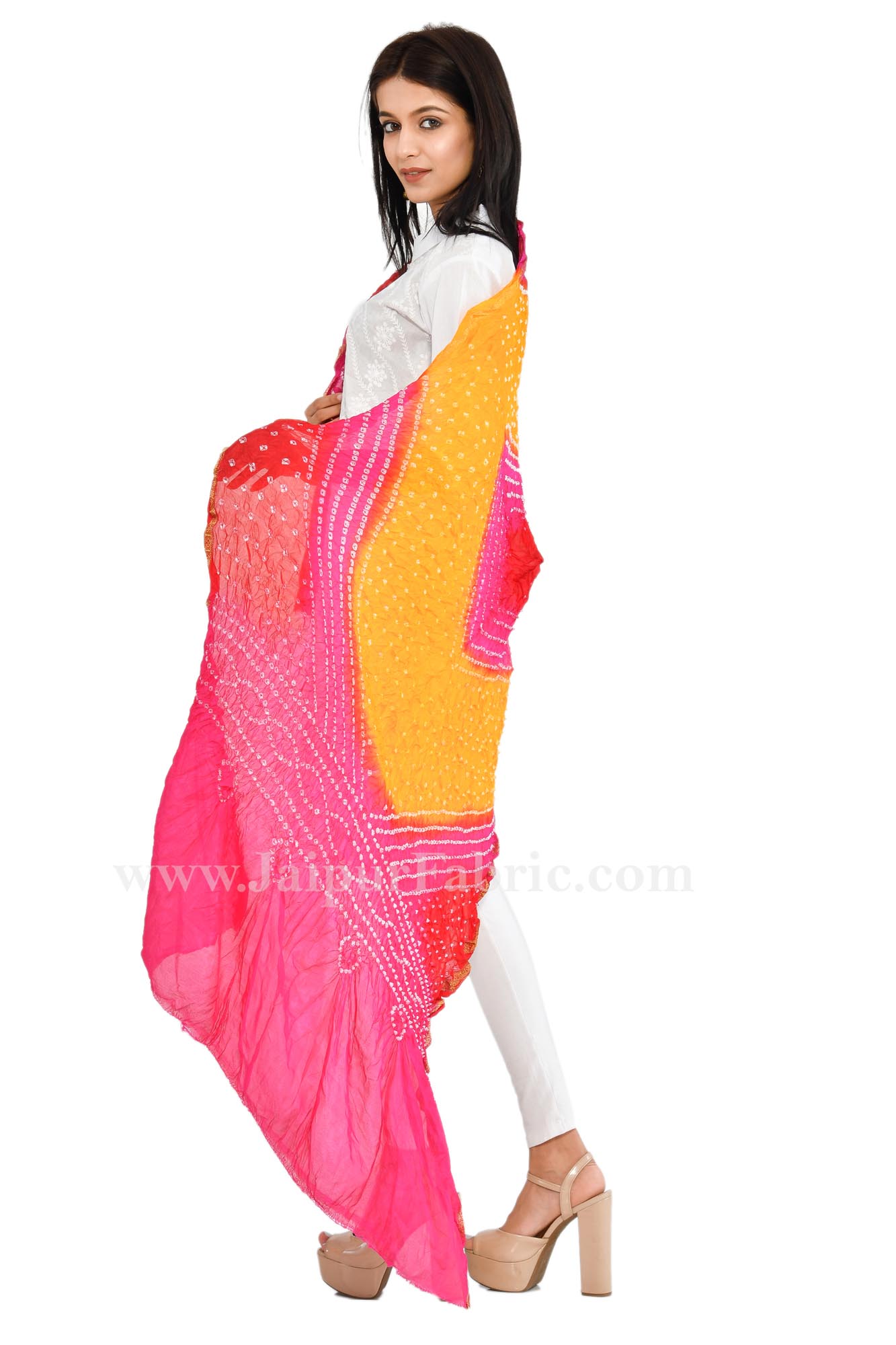 Fancy Lehariya Pink & yellow eavy Dupatta Chunni  Jaipuri Rajasthani Bandhni Bandhej Multi-Colored