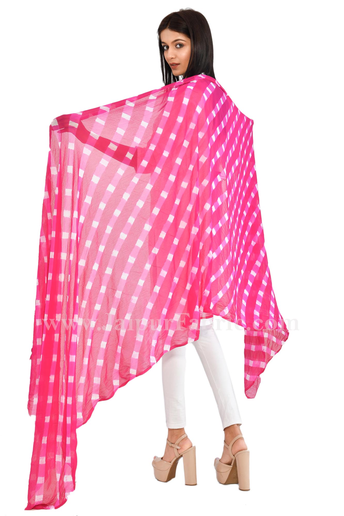 Fancy Lehariya Pink & white Multi-Colored Chiffon Heavy Dupatta Jaipuri Rajasthani Bandhni Bandhej  Chunni