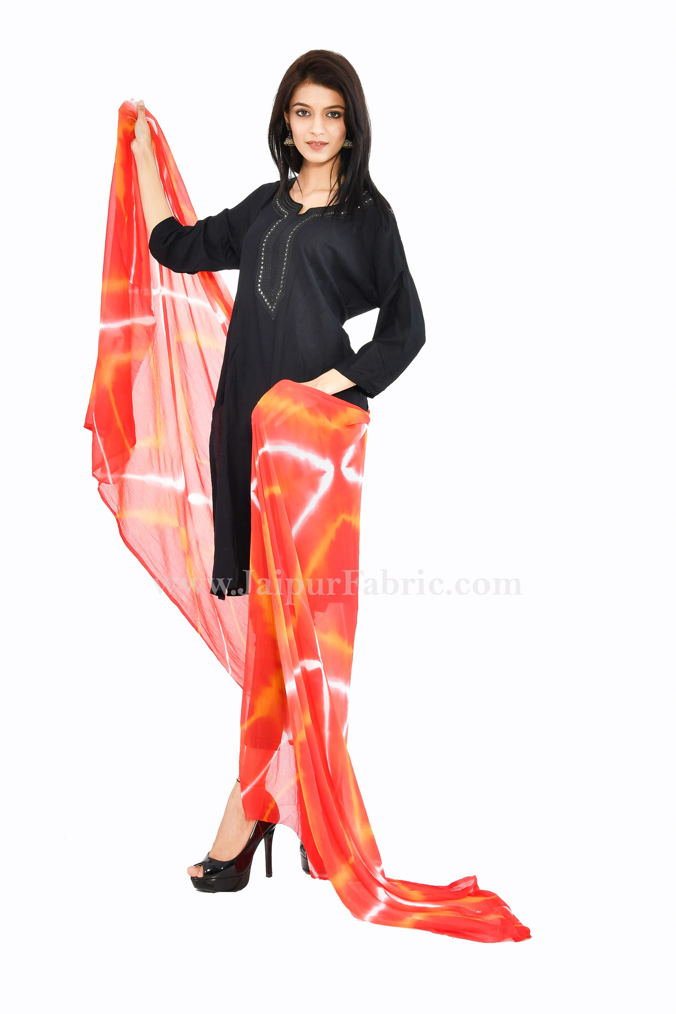 Fancy Lehariya Orange Jaipuri Chiffon Rajasthani Bandhni Bandhej Multi-Colored Heavy Dupatta Chunni