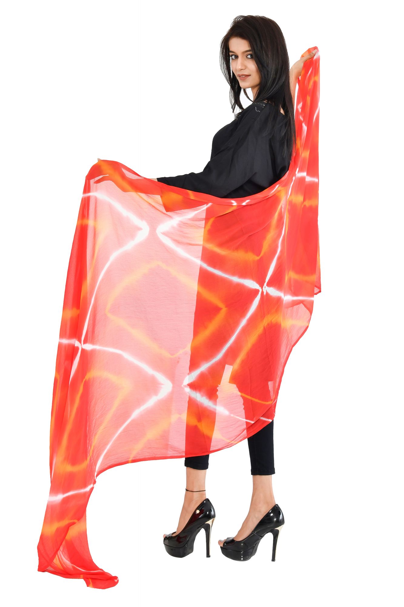 Fancy Lehariya Orange Jaipuri Chiffon Rajasthani Bandhni Bandhej Multi-Colored Heavy Dupatta Chunni