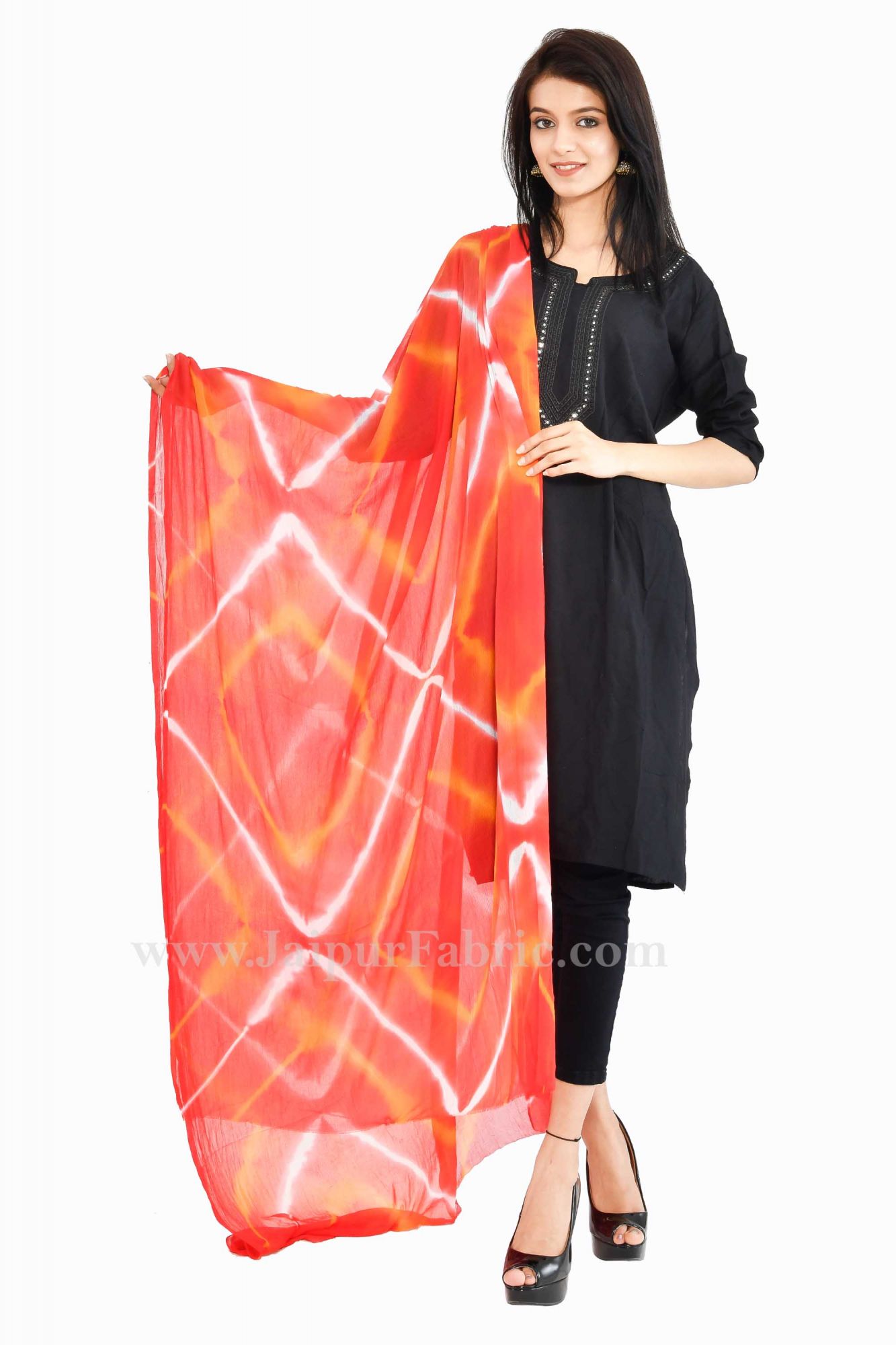 Fancy Lehariya Orange Jaipuri Chiffon Rajasthani Bandhni Bandhej Multi-Colored Heavy Dupatta Chunni