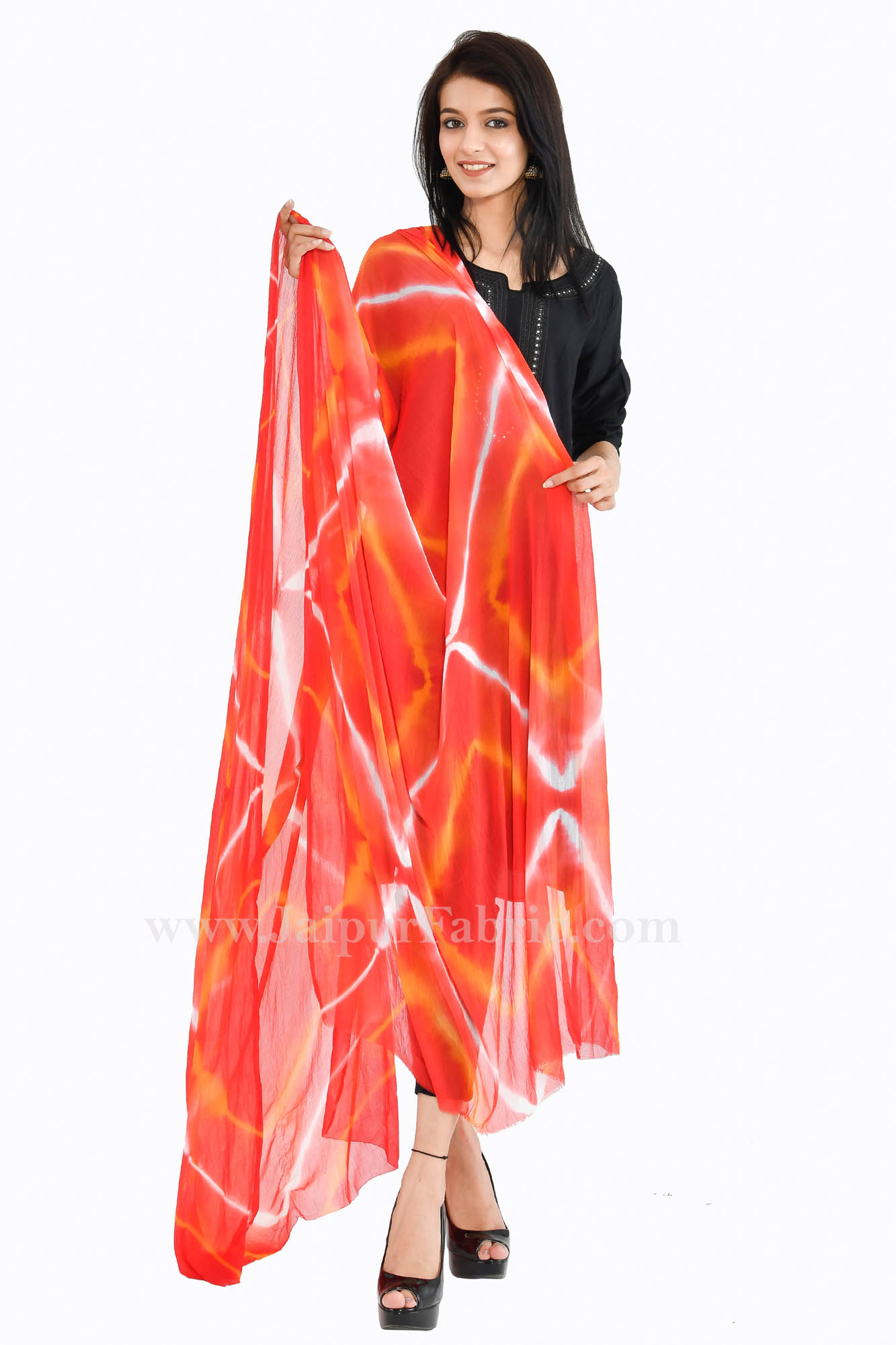 Fancy Lehariya Orange Jaipuri Chiffon Rajasthani Bandhni Bandhej Multi-Colored Heavy Dupatta Chunni