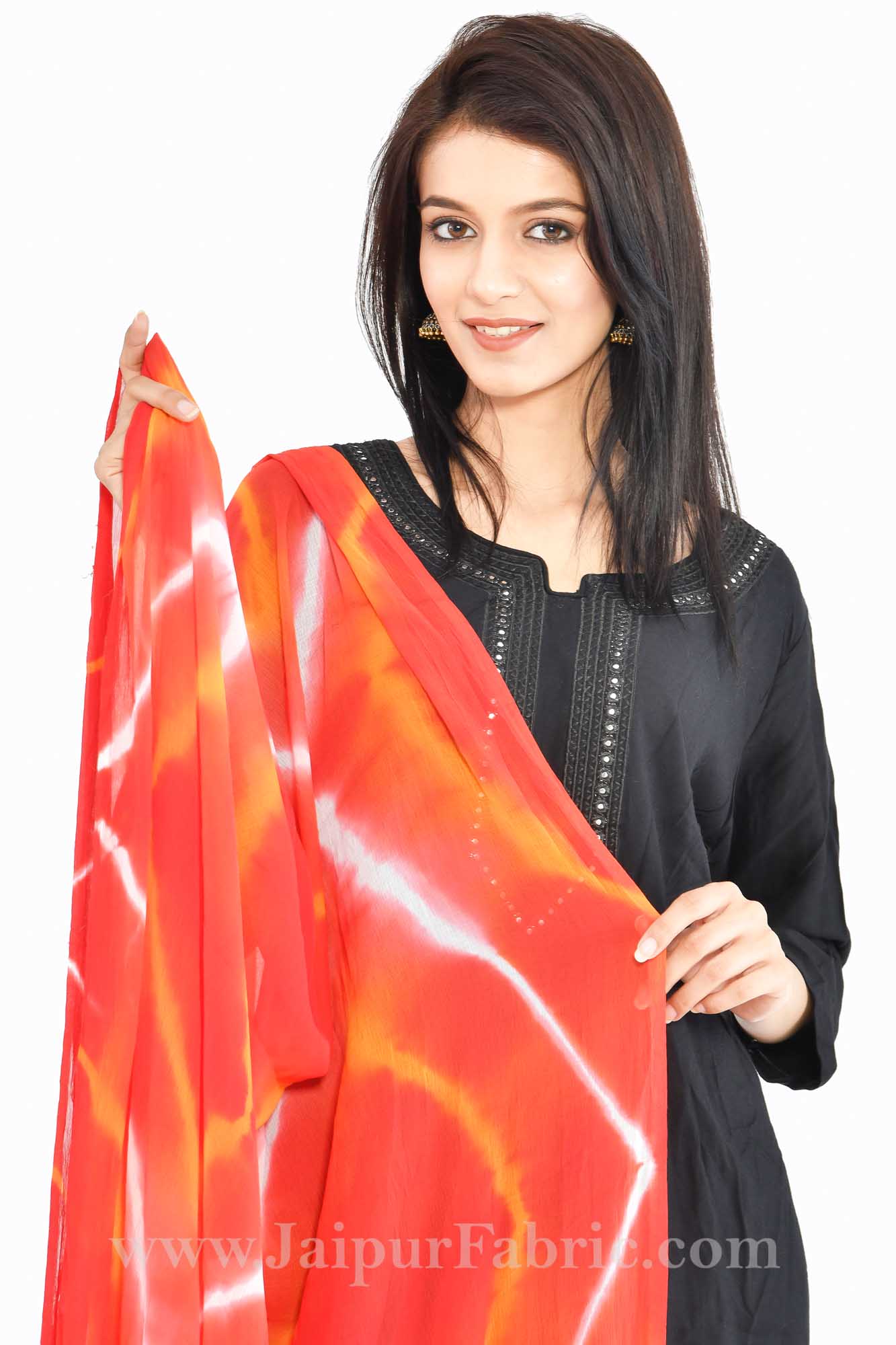 Fancy Lehariya Orange Jaipuri Chiffon Rajasthani Bandhni Bandhej Multi-Colored Heavy Dupatta Chunni