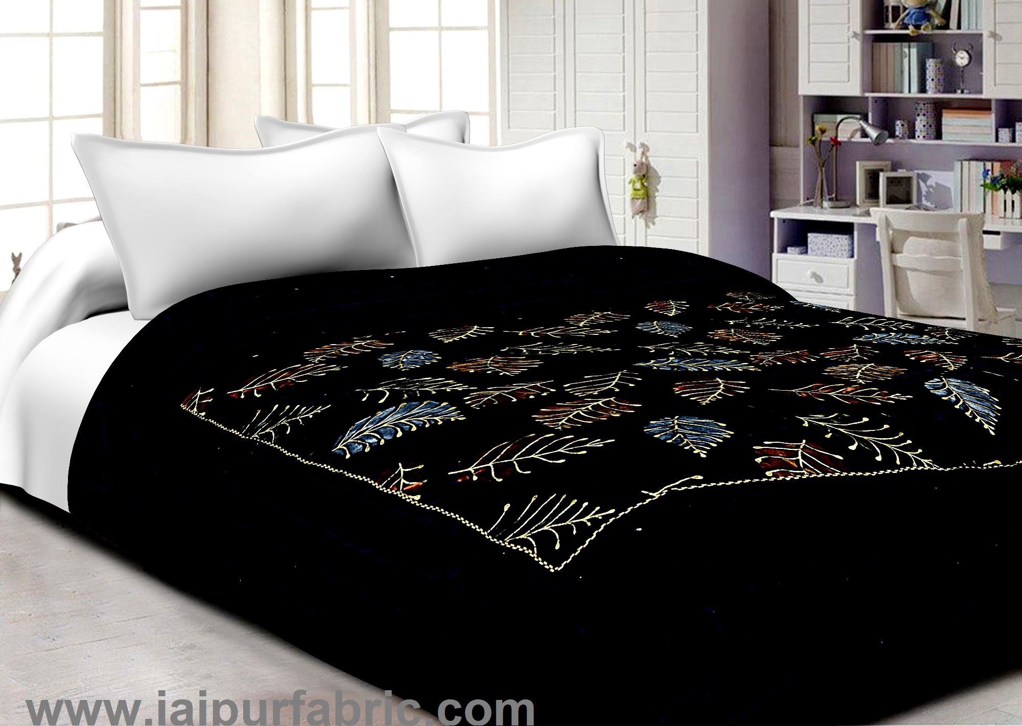 Dark Brown With  Leaf Print  Velvet(Shaneel) Double  Bed Quilt