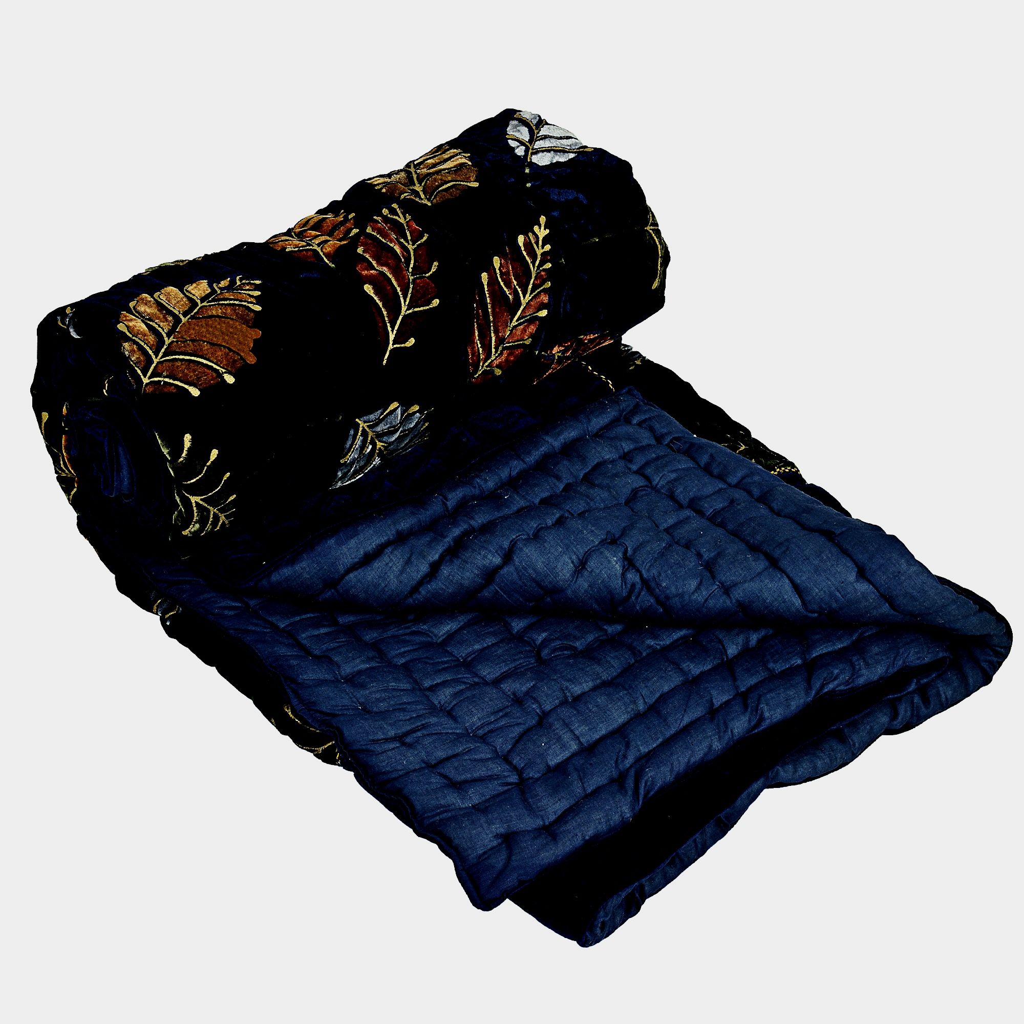 Dark Brown With  Leaf Print  Velvet(Shaneel) Double  Bed Quilt