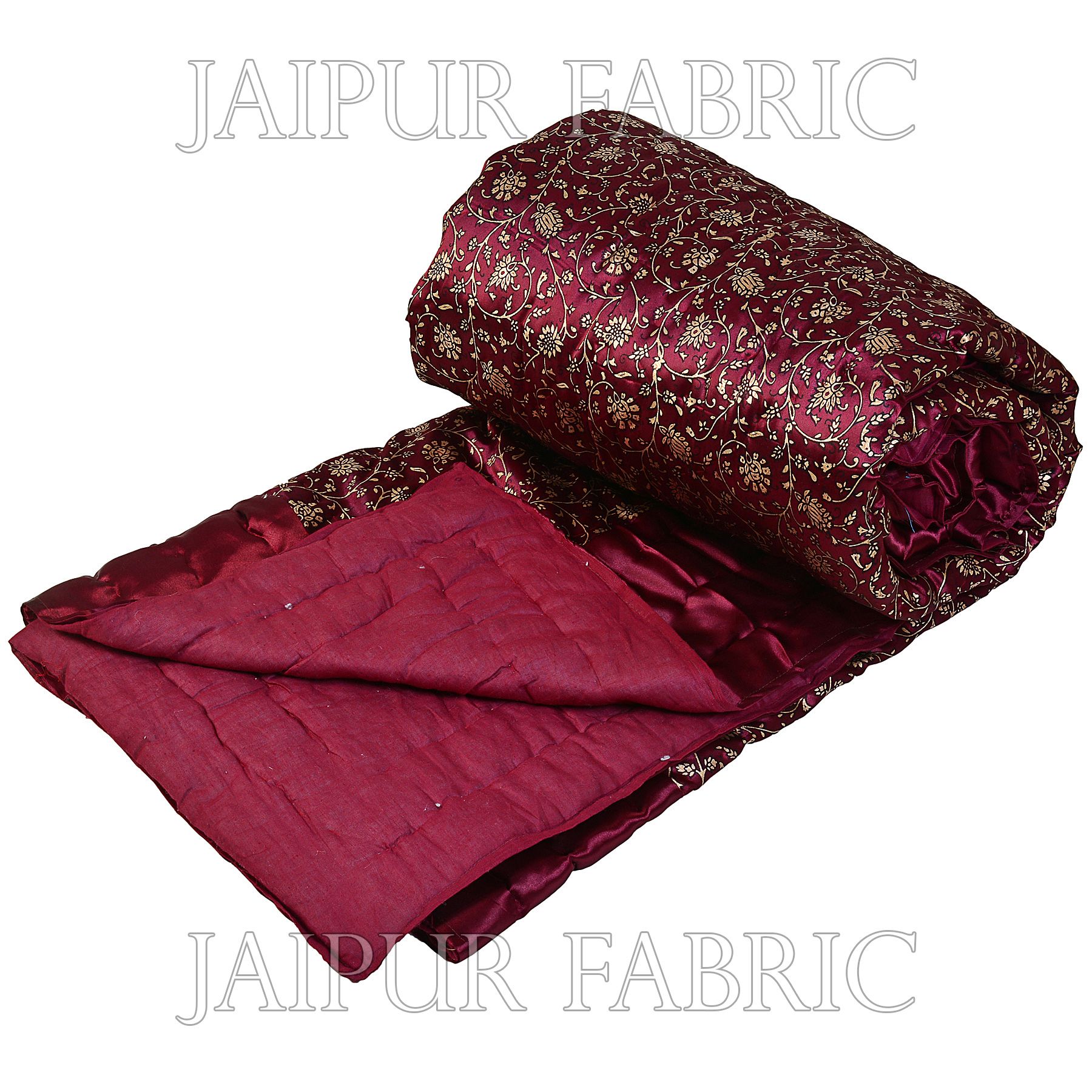 Dark Maroon Base Golden Floral Print Silk Double Quilt