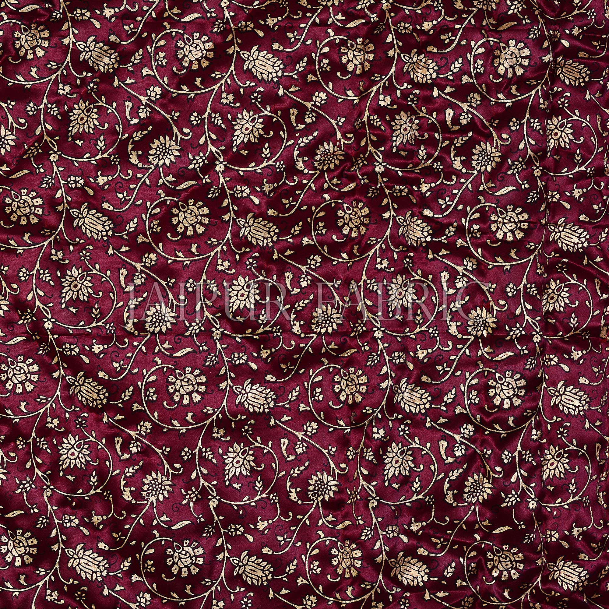 Dark Maroon Base Golden Floral Print Silk Double Quilt