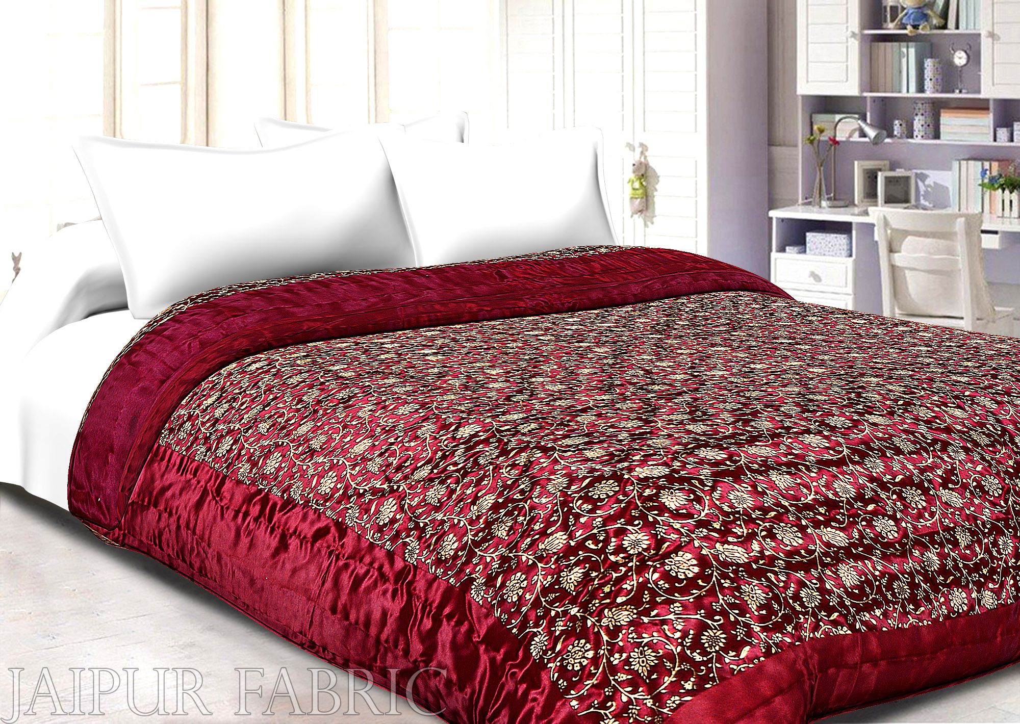 Dark Maroon Base Golden Floral Print Silk Double Quilt