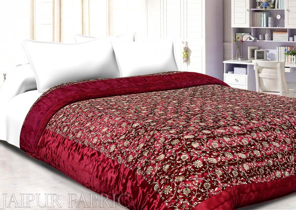 Dark Maroon Base Golden Floral Print Silk Double Quilt