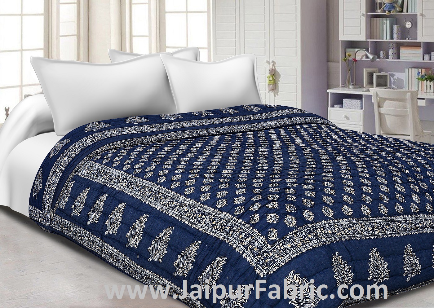 Navy Blue Base Golden Print Fine Cotton Double Quilt