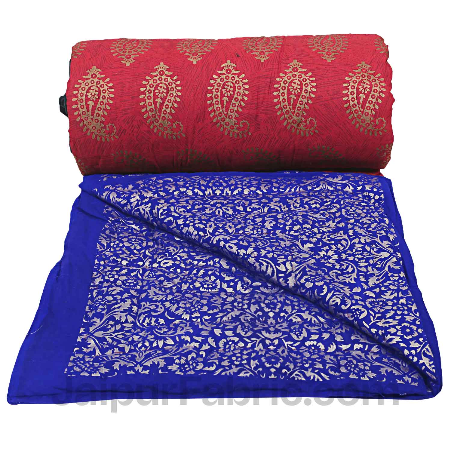 Jaipuri Printed Double Bed Razai Golden Red and blue with Paisley pattern