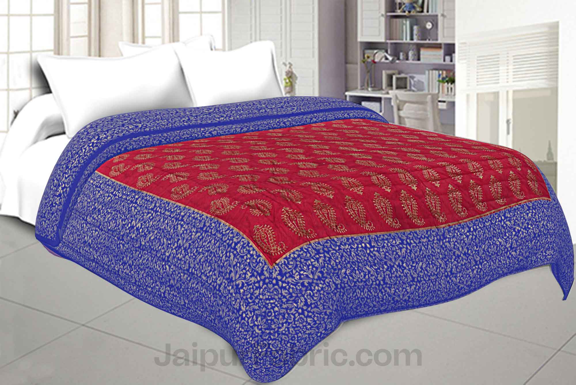 Jaipuri Printed Double Bed Razai Golden Red and blue with Paisley pattern