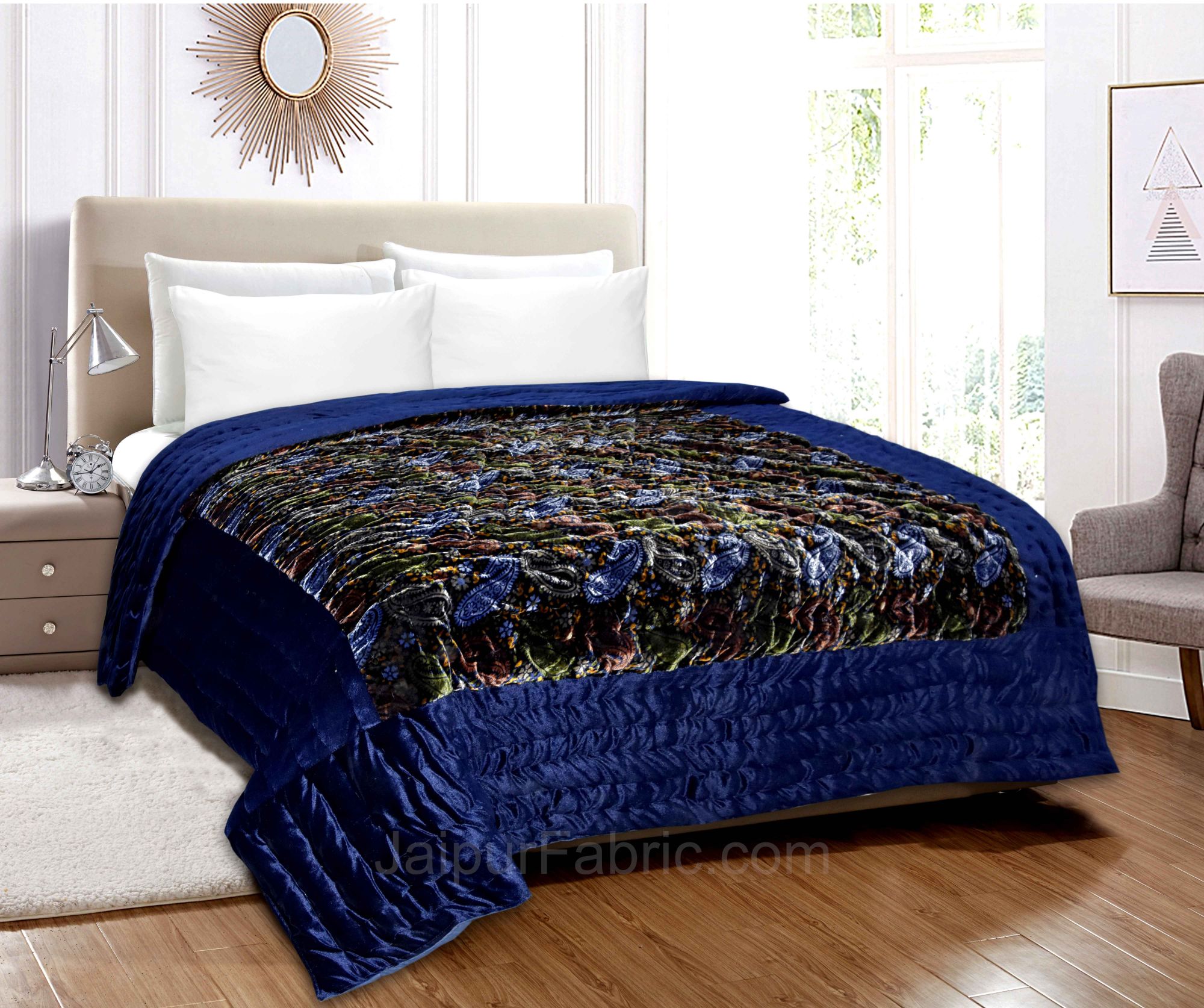 Velvet Cloth Double Bed Quilt Jaipuri Razai blue Shaneel Rajai by Jaipur Fabric