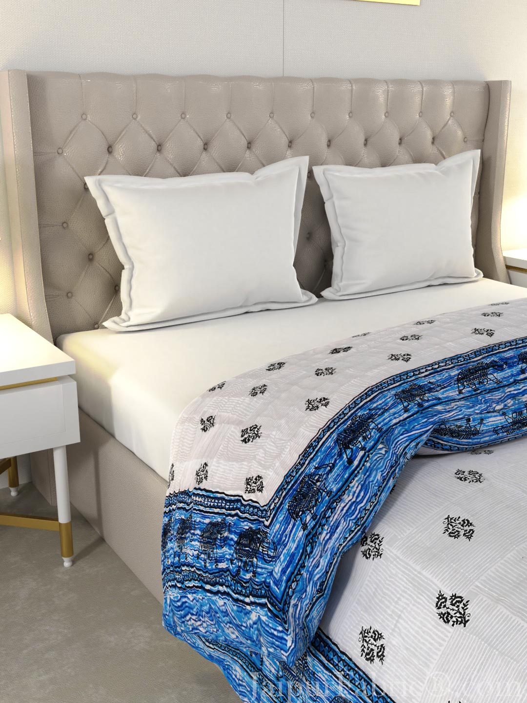 Blue Booti Grey Elephant Border Microfiber Fill Cotton Cover Double Bed Quilt