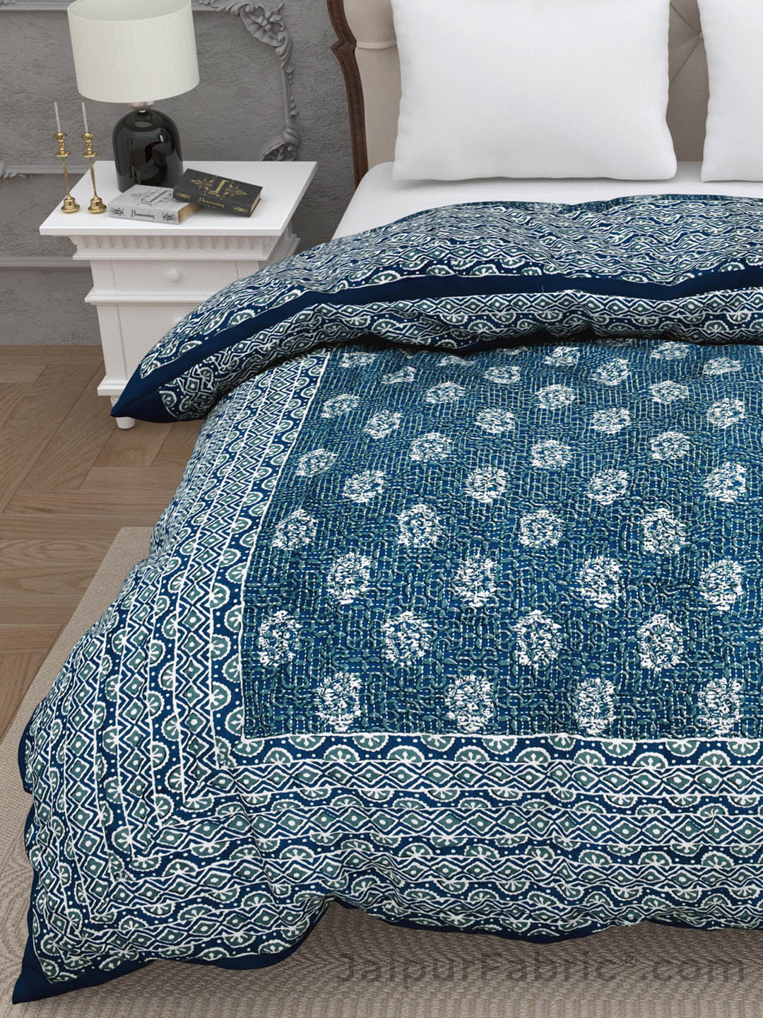 Jaipuri Rajai Daabu Traditional Print 300GSM Fine Cotton Blue Double Bed Quilt