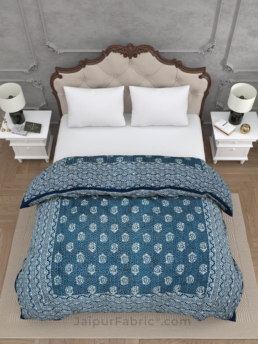 Jaipuri Rajai Daabu Traditional Print 300GSM Fine Cotton Blue Double Bed Quilt