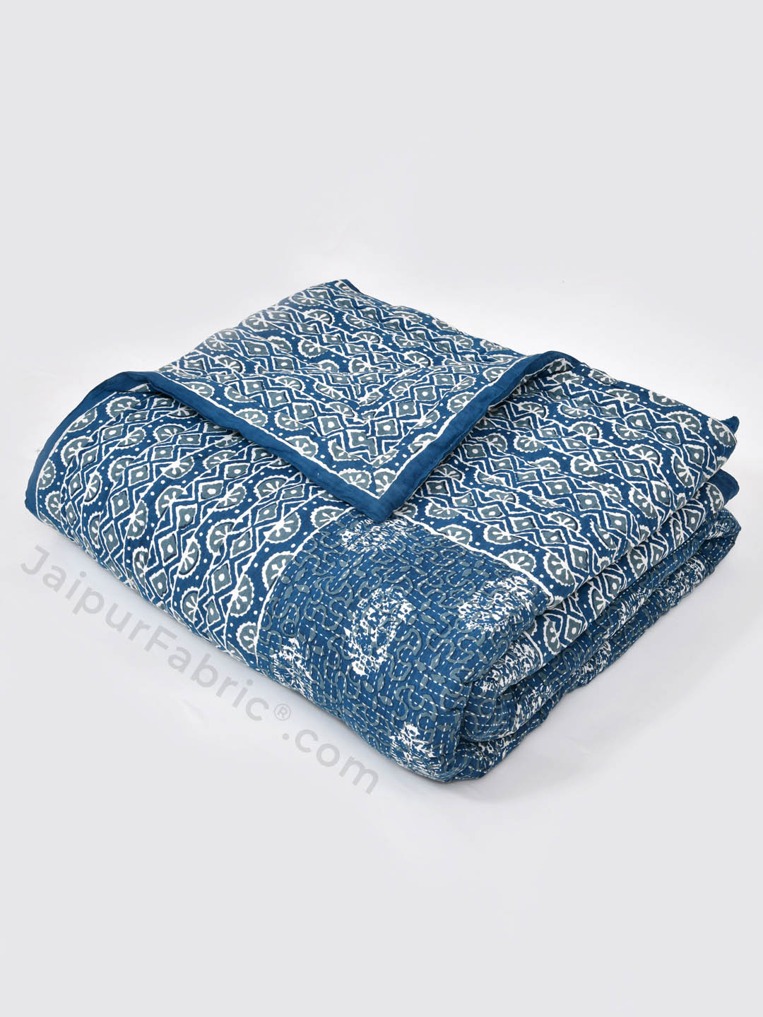 Jaipuri Rajai Daabu Traditional Print 300GSM Fine Cotton Blue Double Bed Quilt