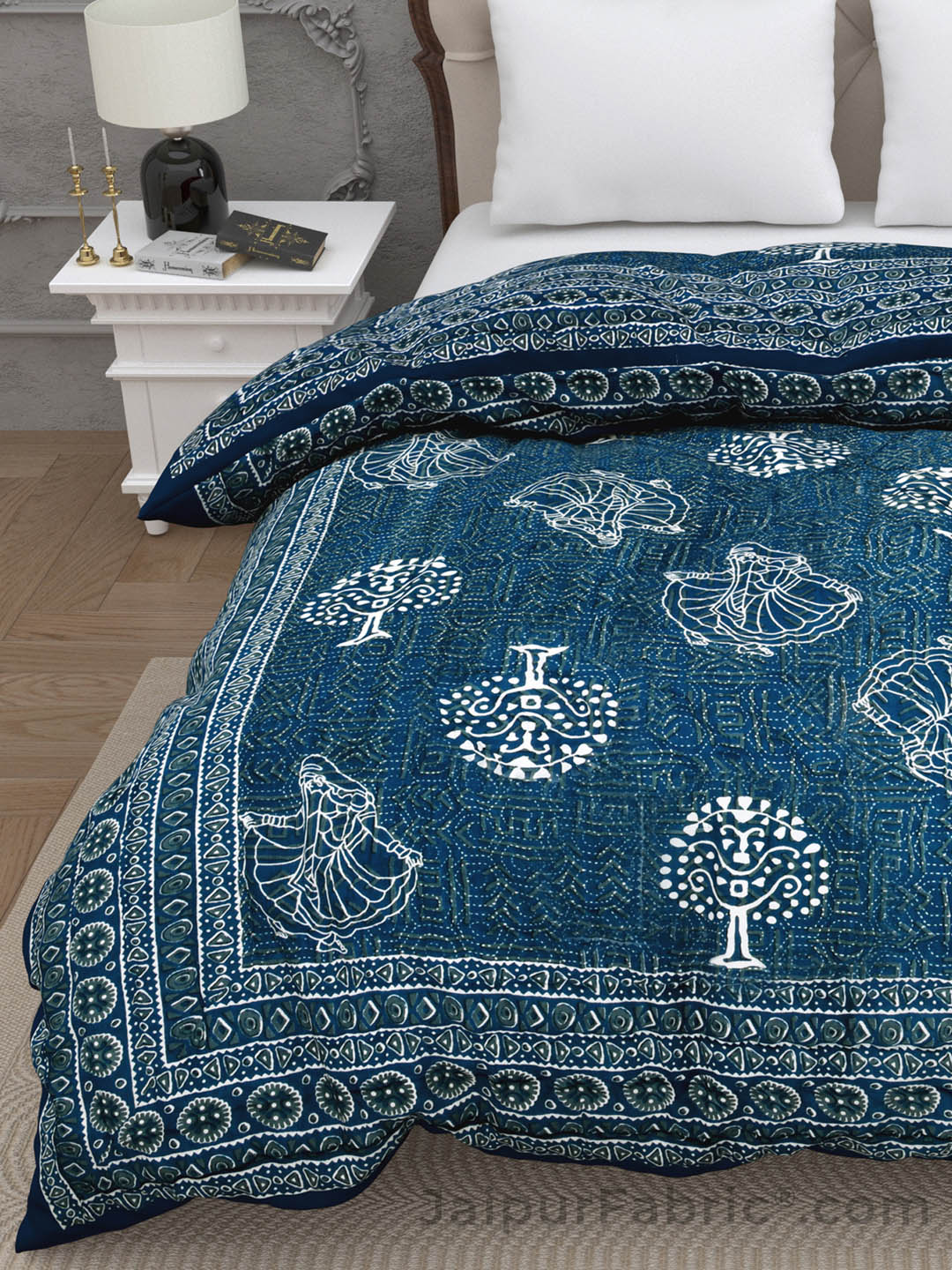 Jaipuri Rajai Daabu Ghoomar 300GSM Fine Cotton Blue Double Bed Quilt