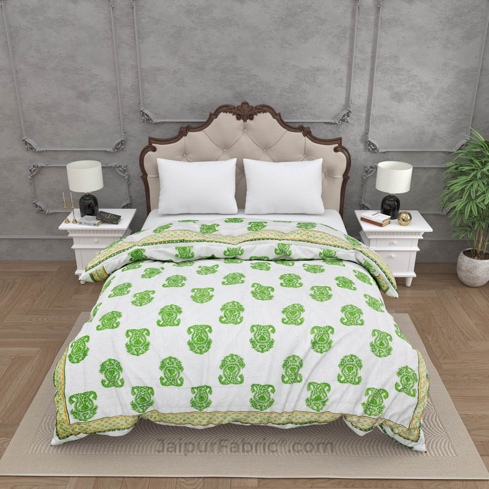 Traditional Green Boota Jaipuri  Double Bed Quilt