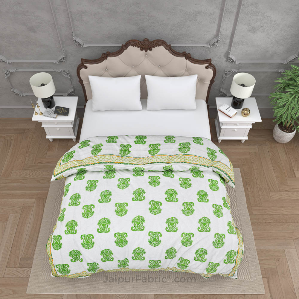 Traditional Green Boota Jaipuri  Double Bed Quilt