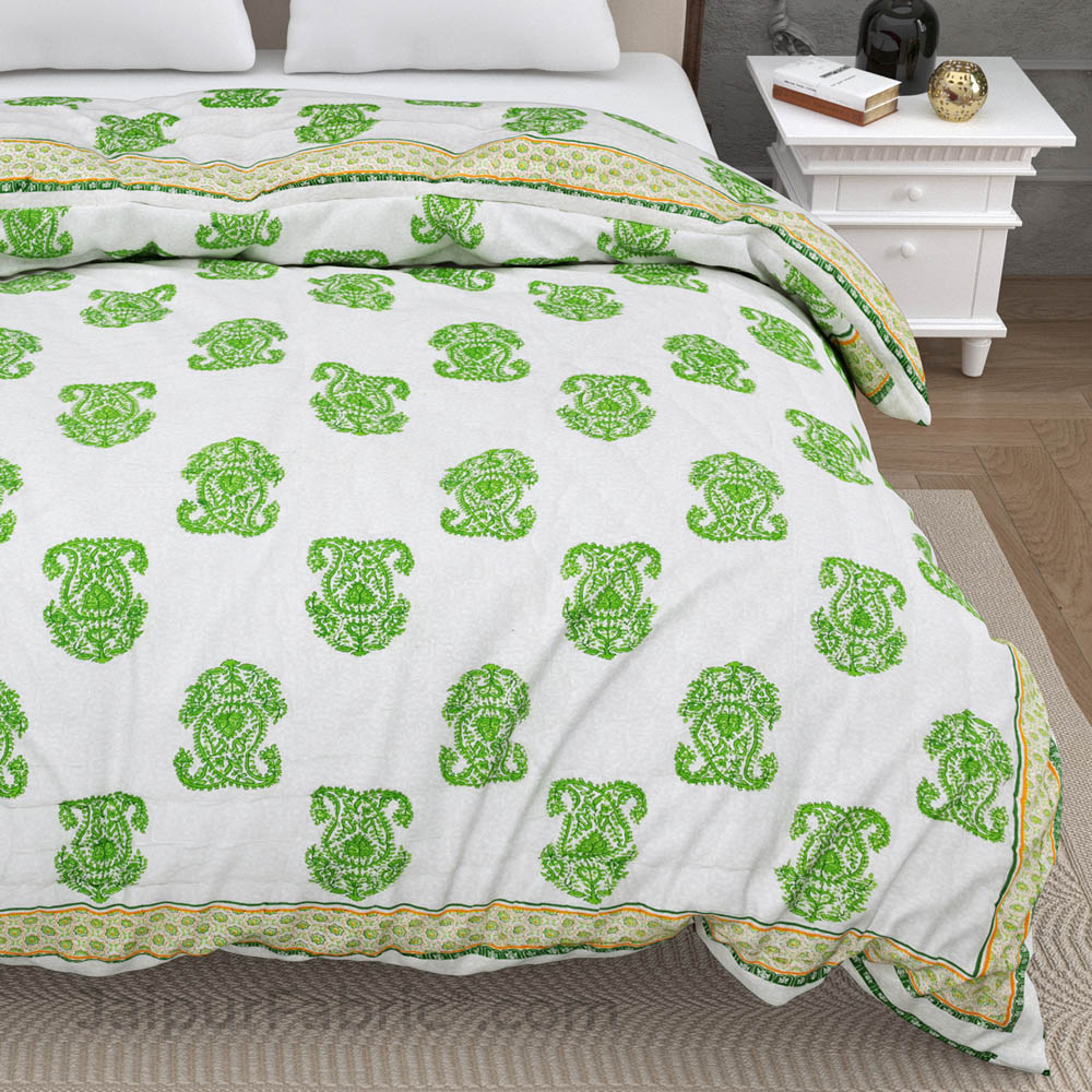 Traditional Green Boota Jaipuri  Double Bed Quilt