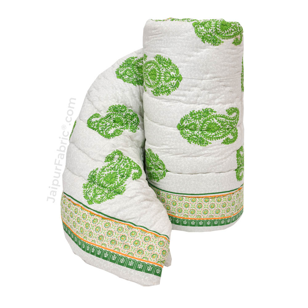 Traditional Green Boota Jaipuri  Double Bed Quilt