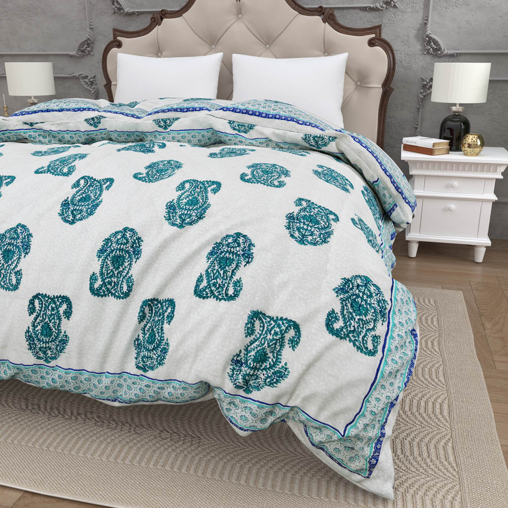 Traditional Sea Green Boota Jaipuri  Double Bed Quilt