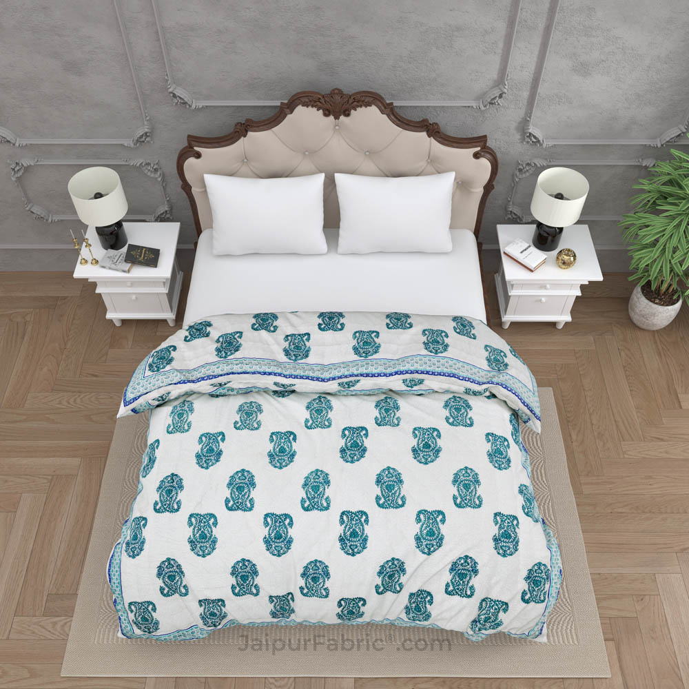 Traditional Sea Green Boota Jaipuri  Double Bed Quilt