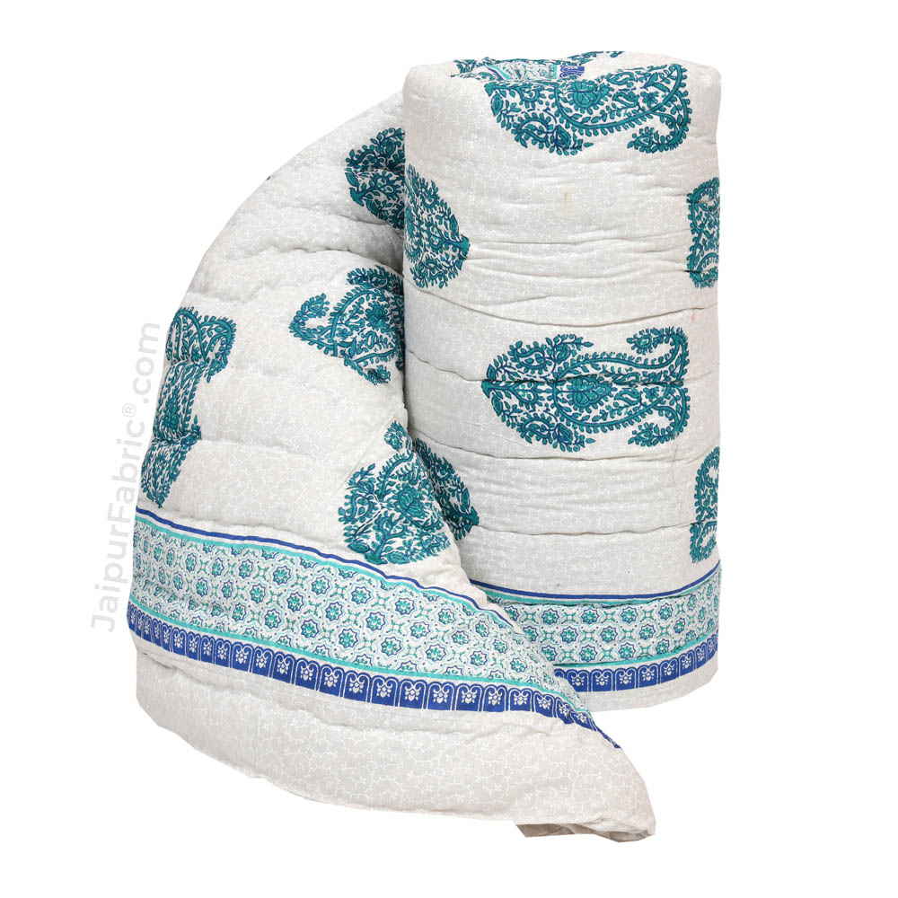 Traditional Sea Green Boota Jaipuri  Double Bed Quilt