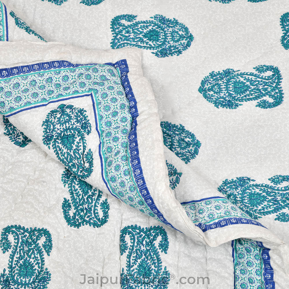 Traditional Sea Green Boota Jaipuri  Double Bed Quilt