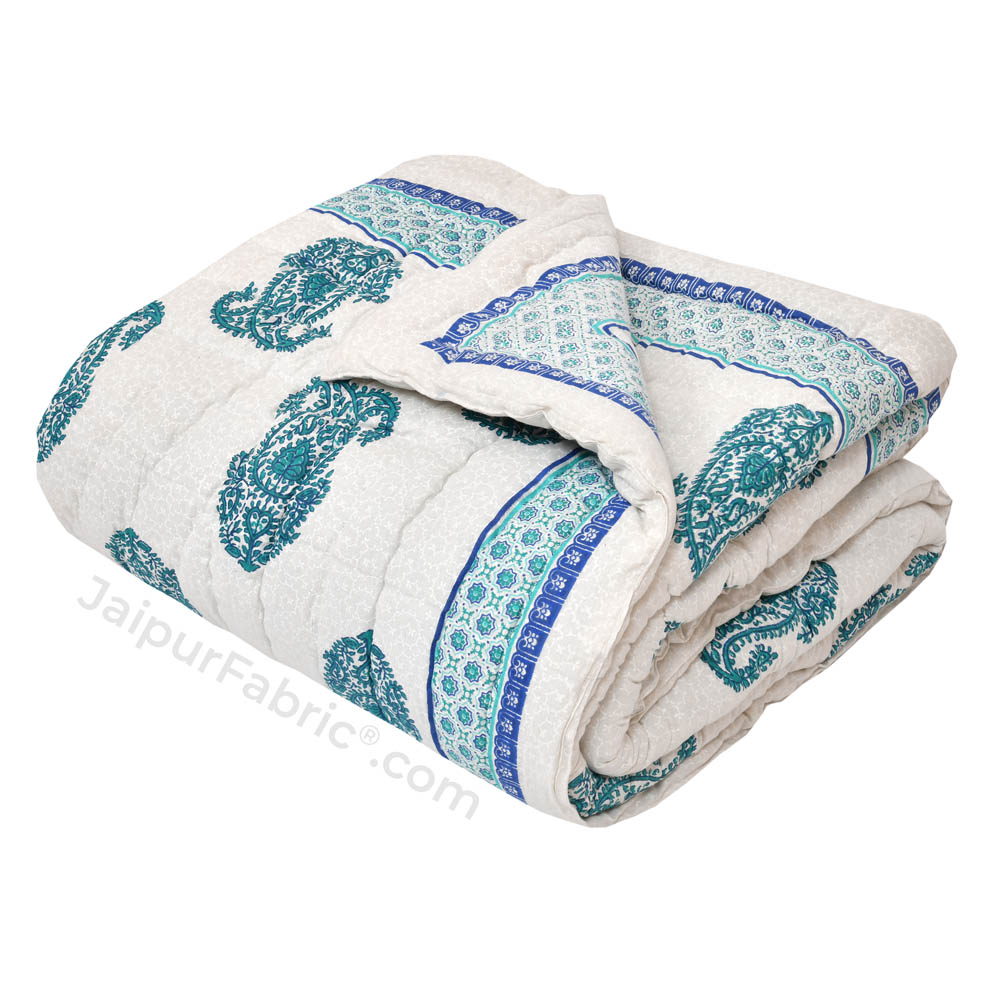 Traditional Sea Green Boota Jaipuri  Double Bed Quilt