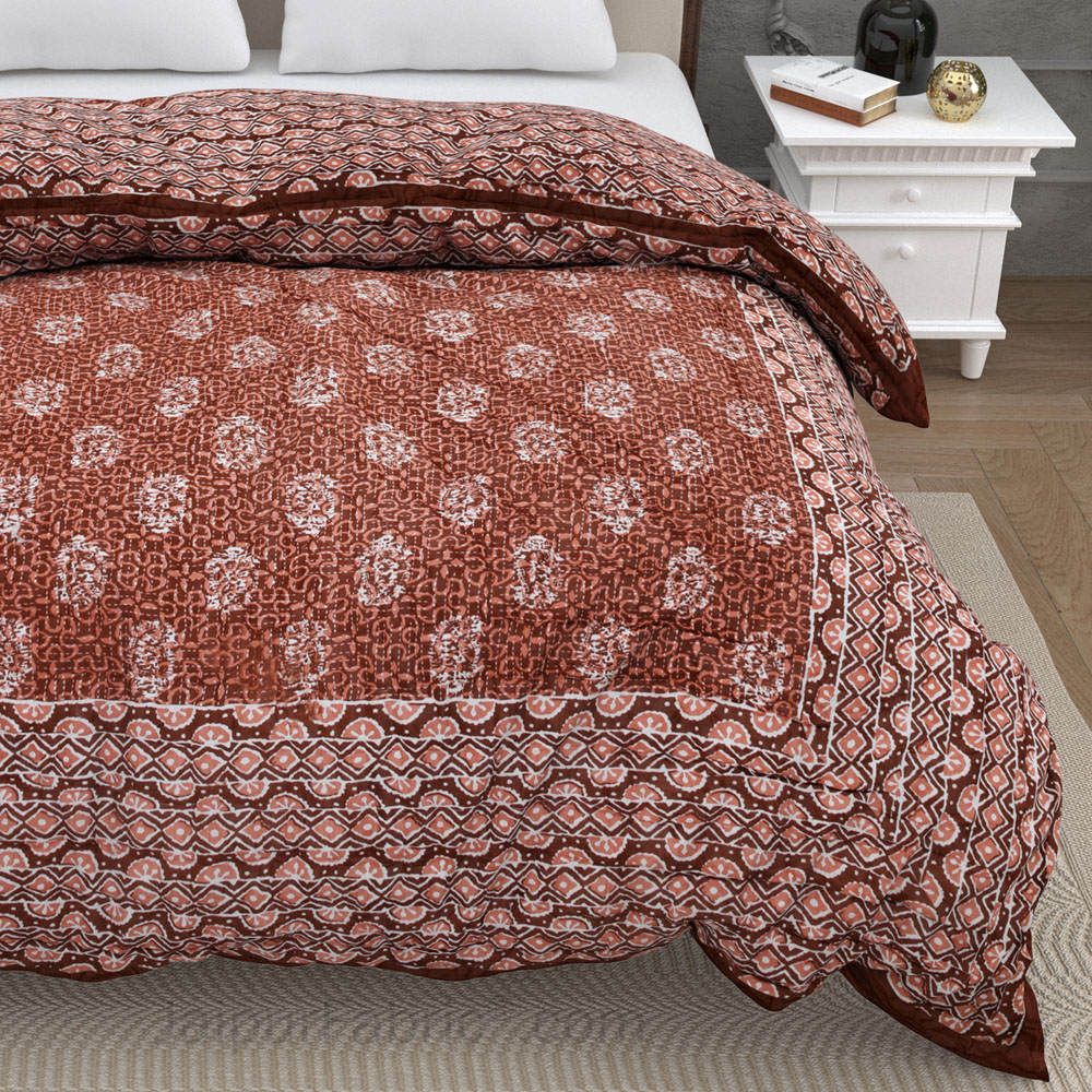 Jaipuri Rajai Daabu Traditional Print 300GSM Fine Cotton Brick Red Double Bed Quilt