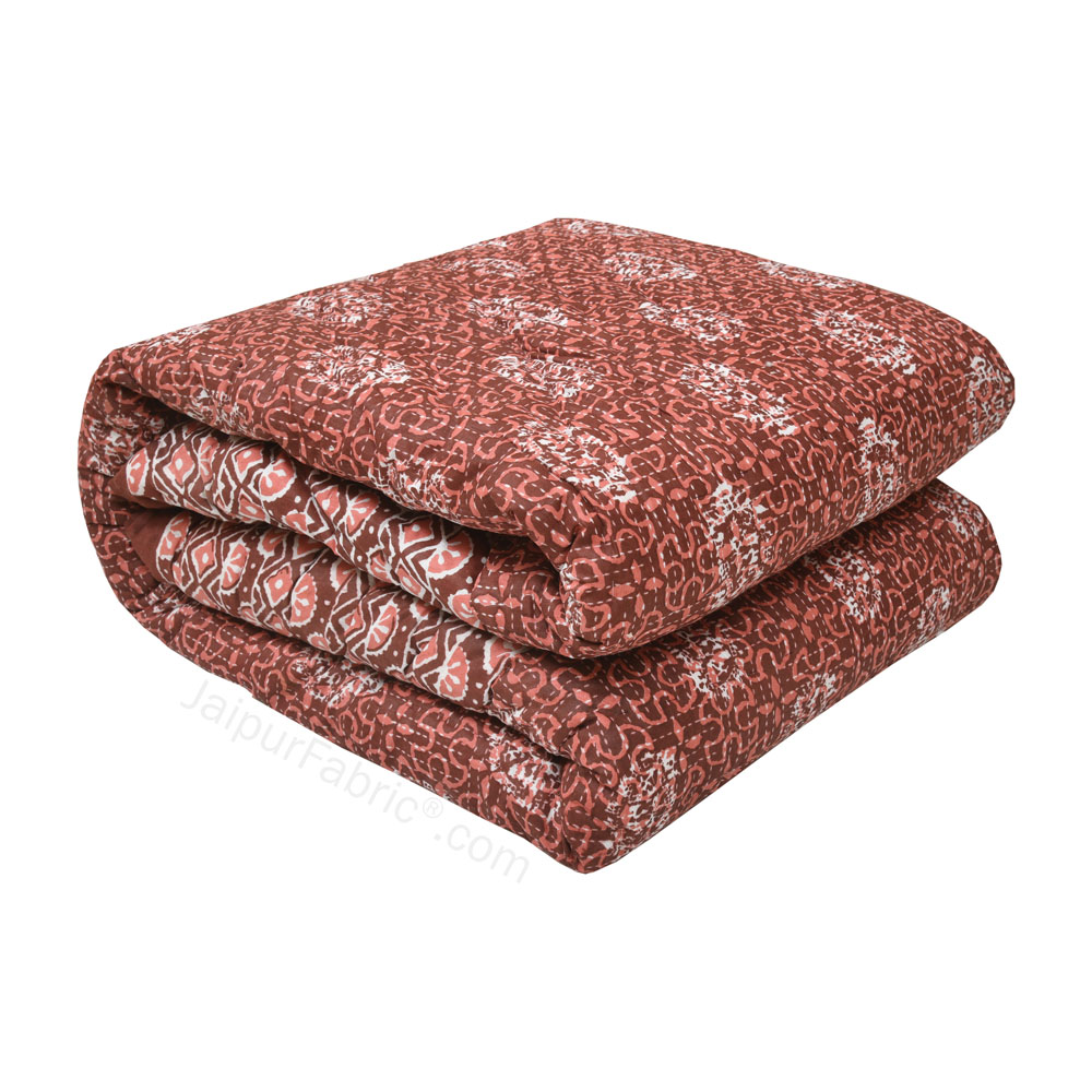 Jaipuri Rajai Daabu Traditional Print 300GSM Fine Cotton Brick Red Double Bed Quilt