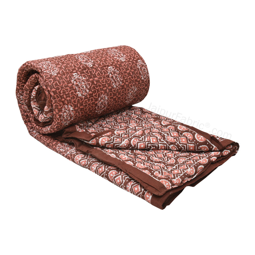 Jaipuri Rajai Daabu Traditional Print 300GSM Fine Cotton Brick Red Double Bed Quilt