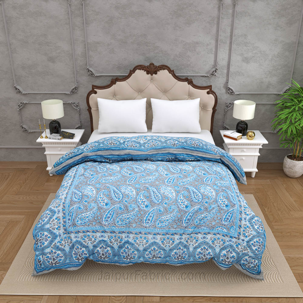 JaipurFabric® Paisley Blue Premium Cotton Double Bed Quilt