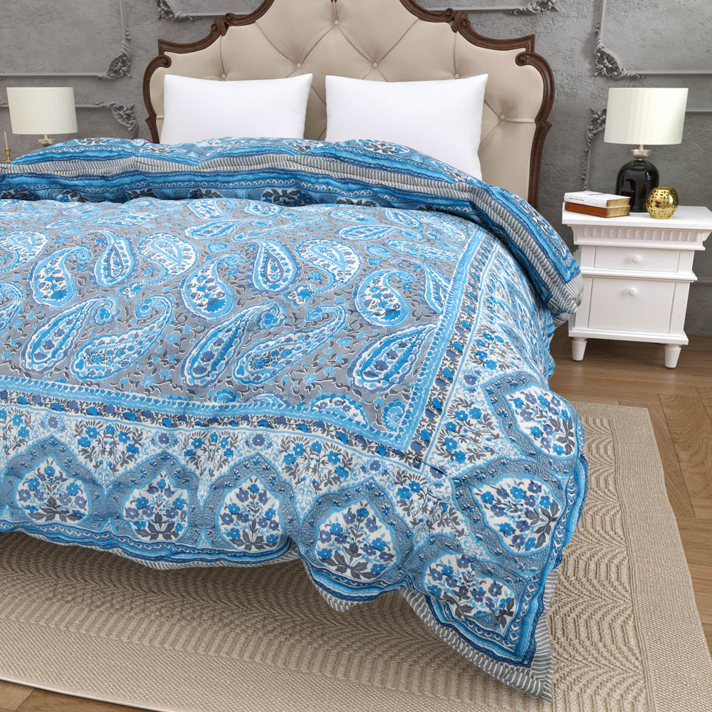 JaipurFabric® Paisley Blue Premium Cotton Double Bed Quilt