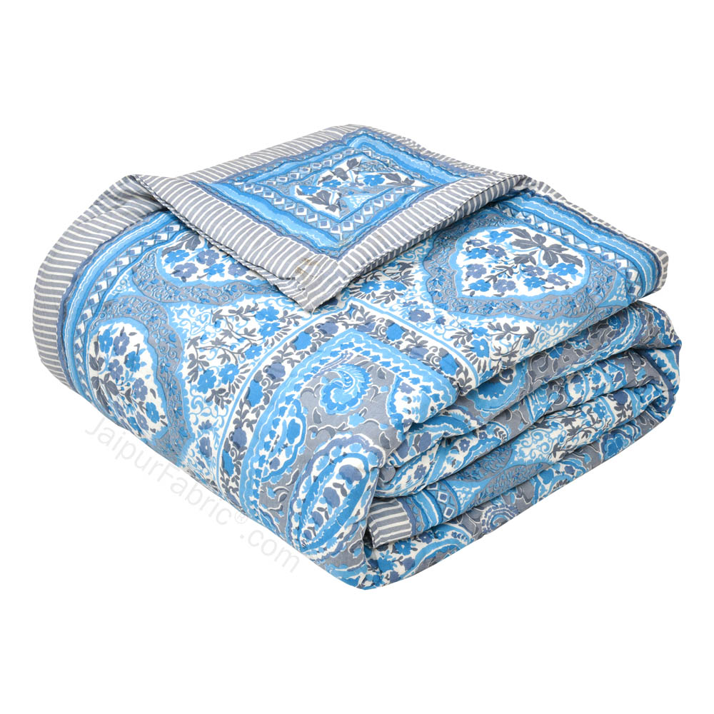 JaipurFabric® Paisley Blue Premium Cotton Double Bed Quilt